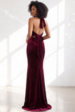 Dark Purple Velvet Mermaid Halter Long Wedding Guest Dress