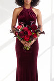 Dark Purple Velvet Mermaid Halter Long Wedding Guest Dress