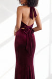 Dark Purple Velvet Mermaid Halter Long Wedding Guest Dress