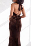 Dark Purple Velvet Mermaid Halter Long Wedding Guest Dress