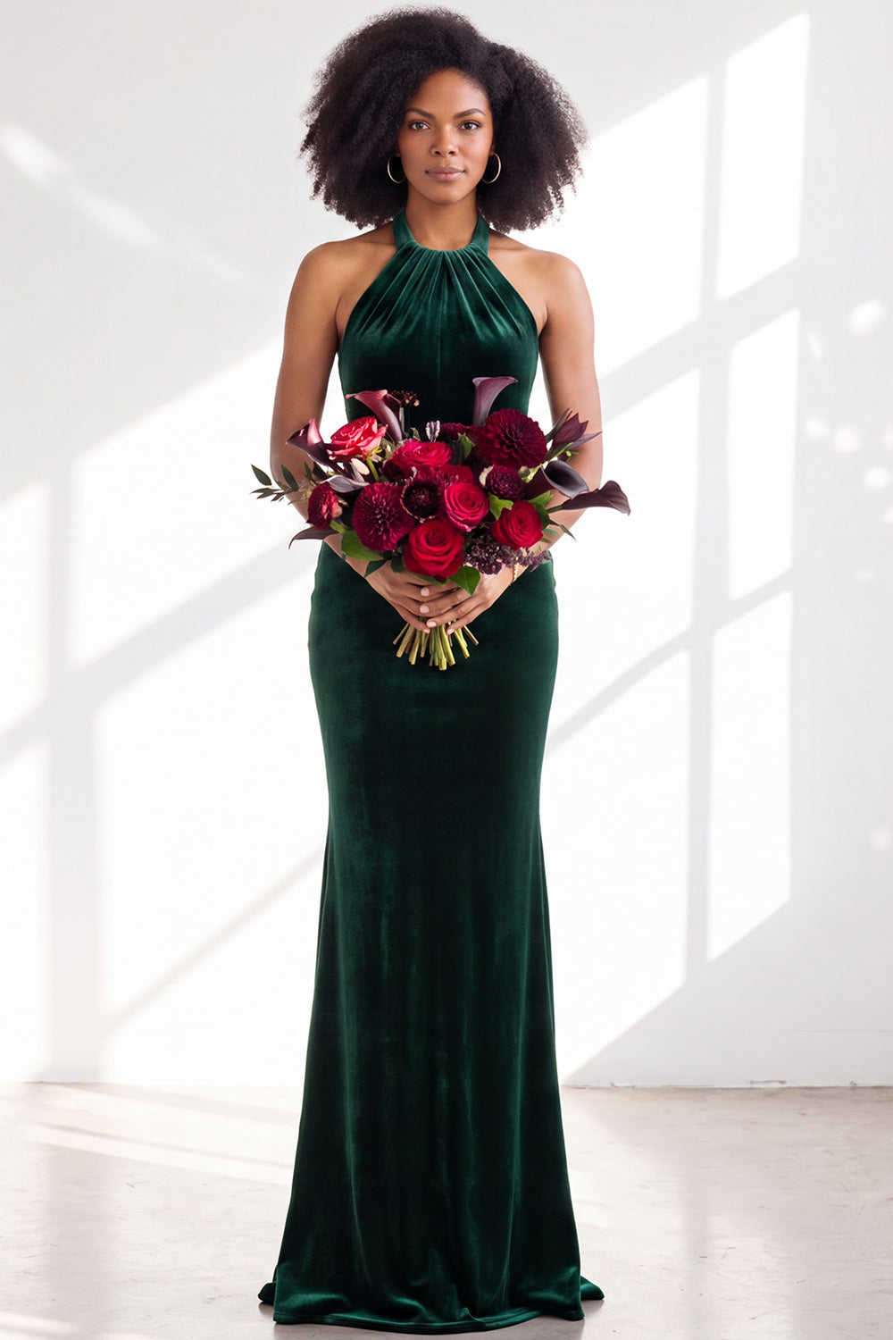 Dark Purple Velvet Mermaid Halter Long Wedding Guest Dress