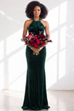 Dark Purple Velvet Mermaid Halter Long Wedding Guest Dress