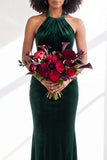 Dark Purple Velvet Mermaid Halter Long Wedding Guest Dress