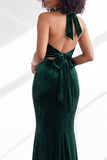 Dark Purple Velvet Mermaid Halter Long Wedding Guest Dress
