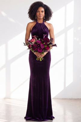 Dark Purple Velvet Mermaid Halter Long Wedding Guest Dress