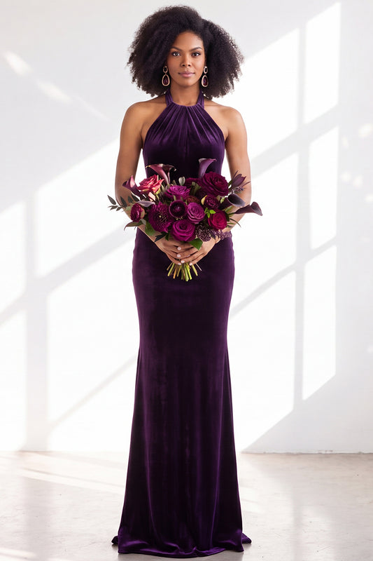 Dark Purple Velvet Mermaid Halter Long Wedding Guest Dress