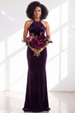 Dark Purple Velvet Mermaid Halter Long Wedding Guest Dress