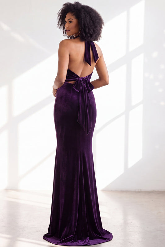 Dark Purple Velvet Mermaid Halter Long Wedding Guest Dress