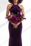 Dark Purple Velvet Mermaid Halter Long Wedding Guest Dress