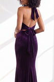 Dark Purple Velvet Mermaid Halter Long Wedding Guest Dress