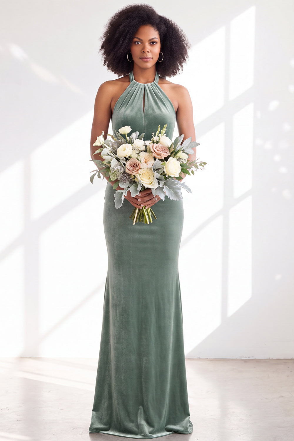 Dark Purple Velvet Mermaid Halter Long Wedding Guest Dress