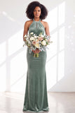 Dark Purple Velvet Mermaid Halter Long Wedding Guest Dress