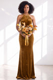 Dark Purple Velvet Mermaid Halter Long Wedding Guest Dress