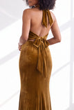 Dark Purple Velvet Mermaid Halter Long Wedding Guest Dress