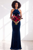 Dark Purple Velvet Mermaid Halter Long Wedding Guest Dress