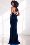 Dark Purple Velvet Mermaid Halter Long Wedding Guest Dress