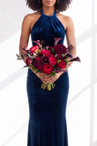 Dark Purple Velvet Mermaid Halter Long Wedding Guest Dress