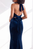 Dark Purple Velvet Mermaid Halter Long Wedding Guest Dress