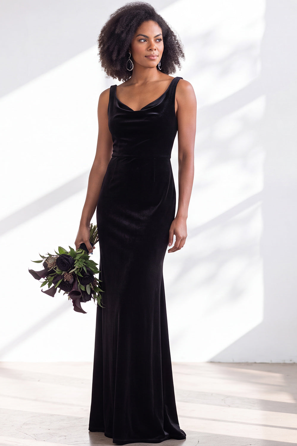 Golden Brown Velvet Mermaid Cowl Neck Long Wedding Guest Dress
