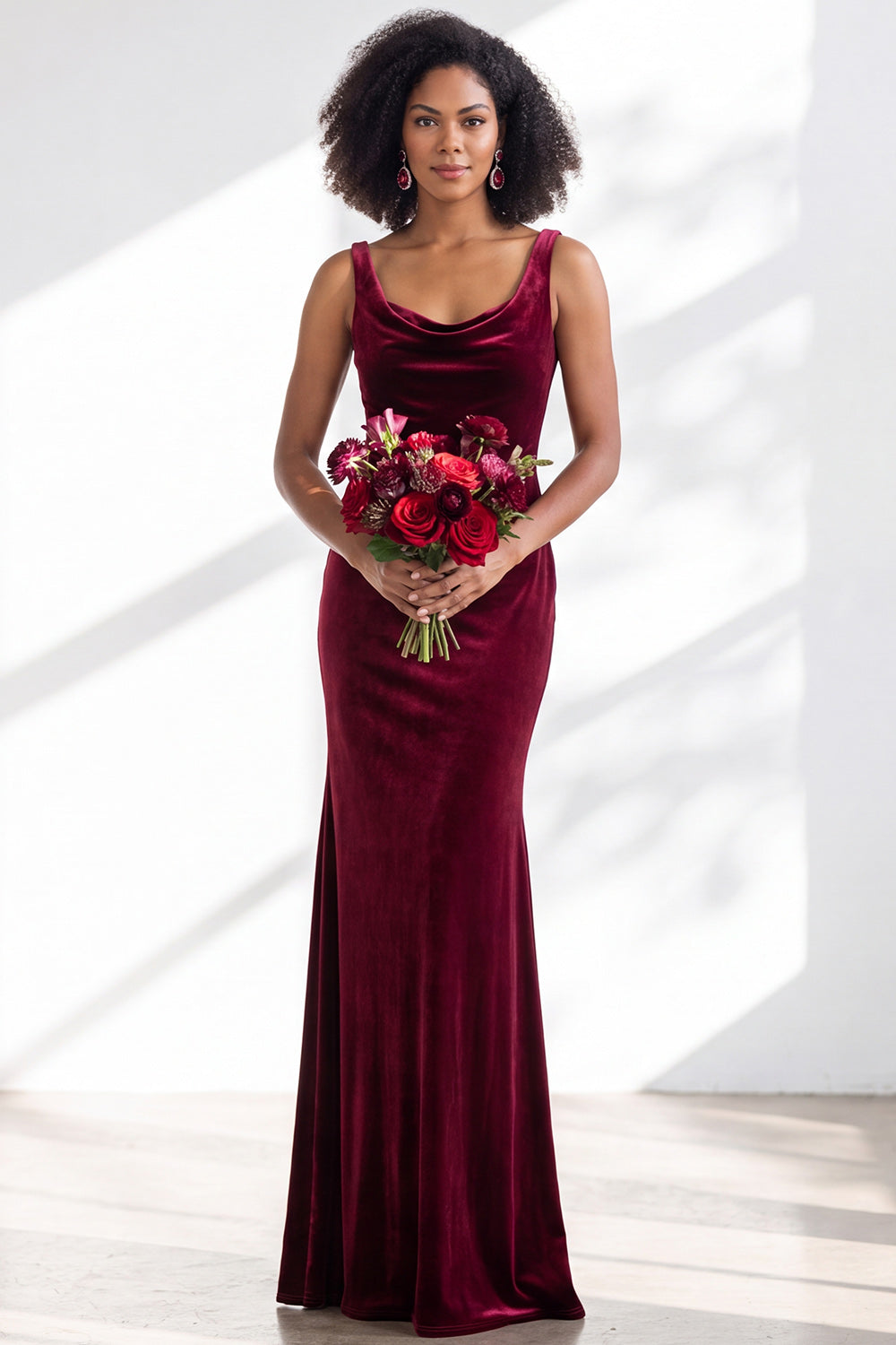Golden Brown Velvet Mermaid Cowl Neck Long Wedding Guest Dress