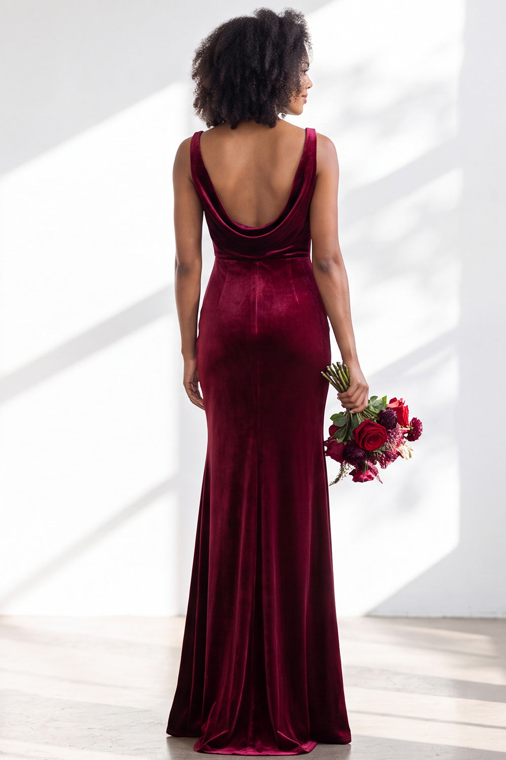 Golden Brown Velvet Mermaid Cowl Neck Long Wedding Guest Dress