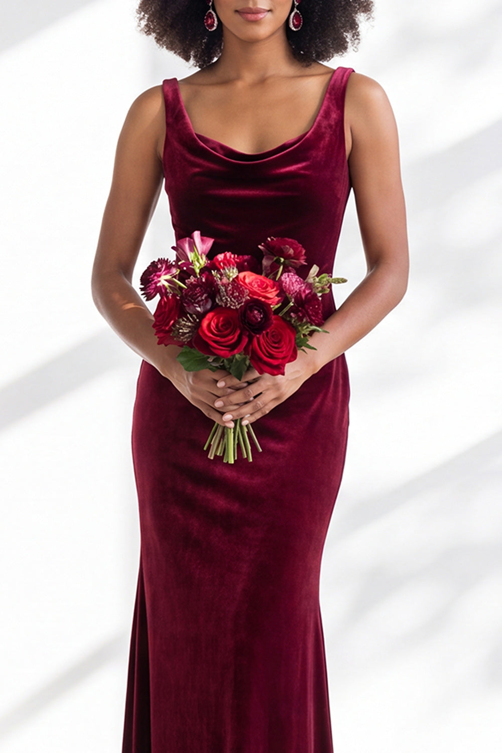 Golden Brown Velvet Mermaid Cowl Neck Long Wedding Guest Dress