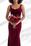 Golden Brown Velvet Mermaid Cowl Neck Long Wedding Guest Dress