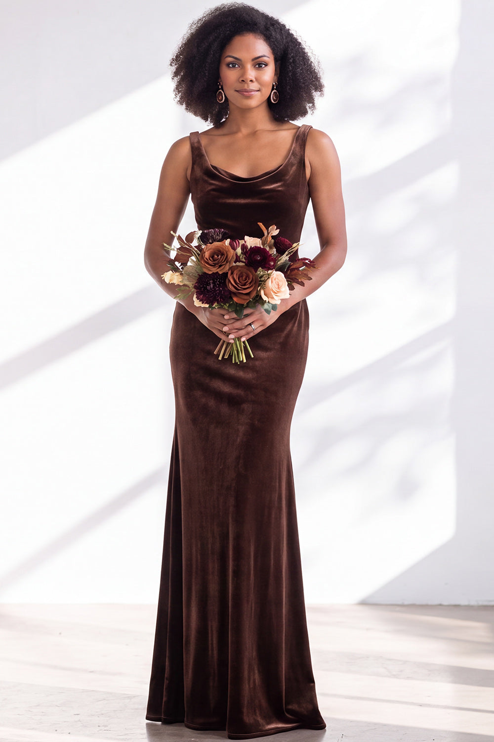 Golden Brown Velvet Mermaid Cowl Neck Long Wedding Guest Dress