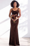 Golden Brown Velvet Mermaid Cowl Neck Long Wedding Guest Dress