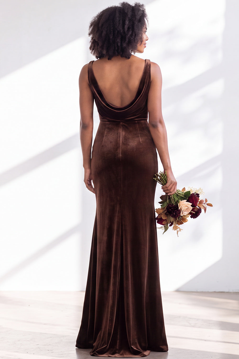 Golden Brown Velvet Mermaid Cowl Neck Long Wedding Guest Dress