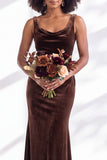 Golden Brown Velvet Mermaid Cowl Neck Long Wedding Guest Dress