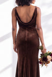 Golden Brown Velvet Mermaid Cowl Neck Long Wedding Guest Dress