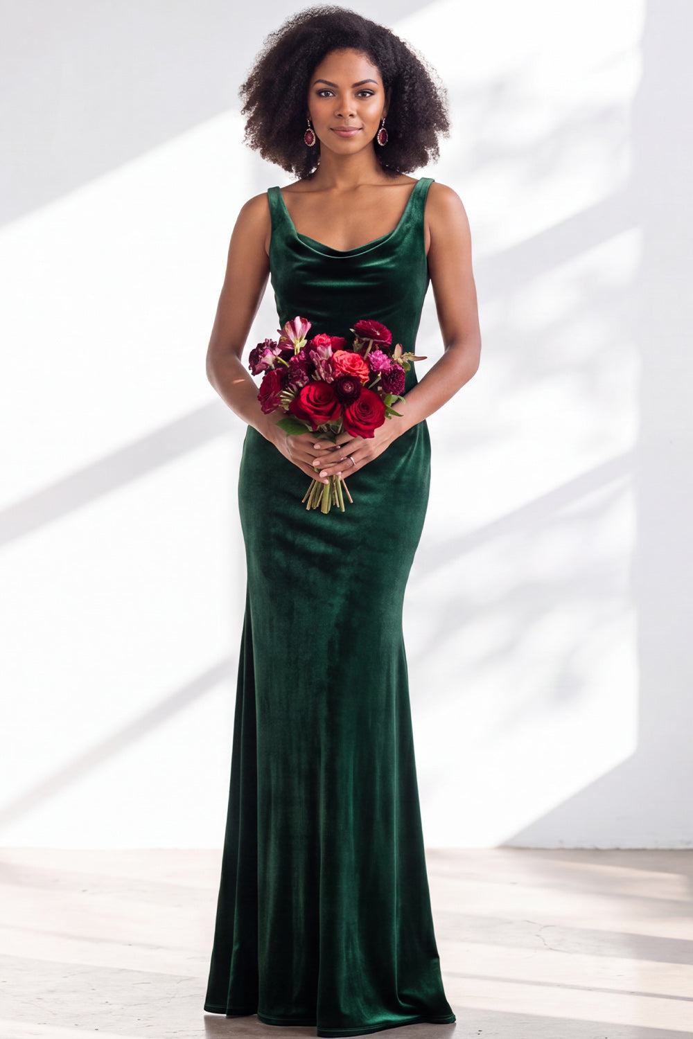 Golden Brown Velvet Mermaid Cowl Neck Long Wedding Guest Dress