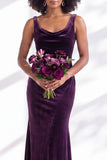 Golden Brown Velvet Mermaid Cowl Neck Long Wedding Guest Dress