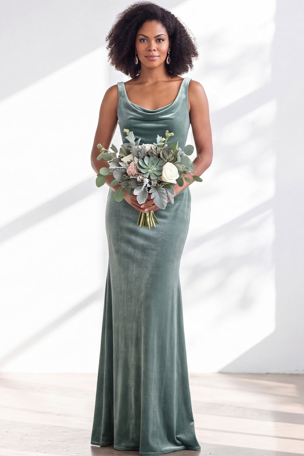 Golden Brown Velvet Mermaid Cowl Neck Long Wedding Guest Dress