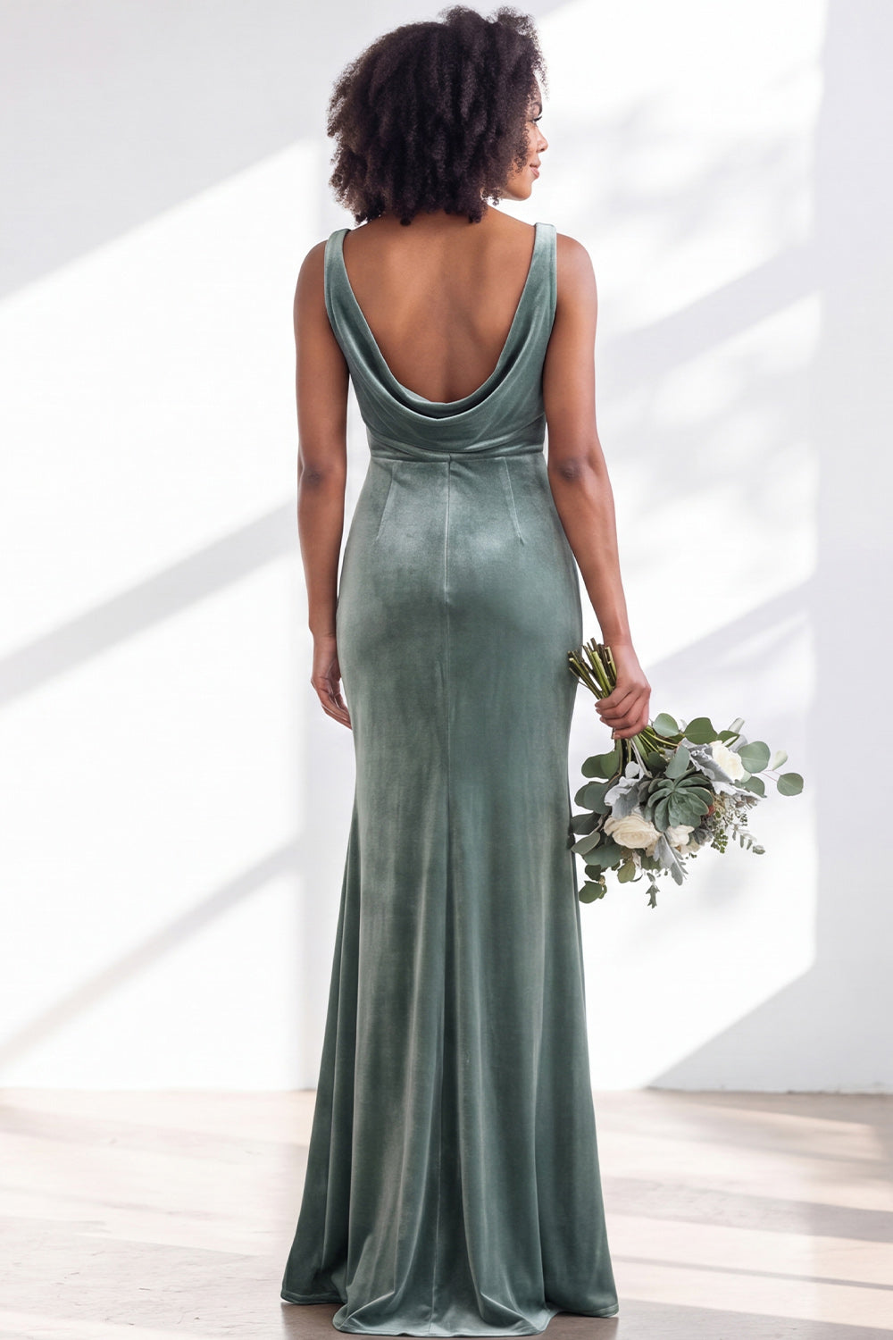 Golden Brown Velvet Mermaid Cowl Neck Long Wedding Guest Dress