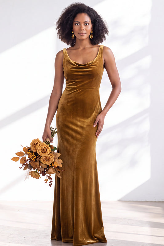 Golden Brown Velvet Mermaid Cowl Neck Long Wedding Guest Dress