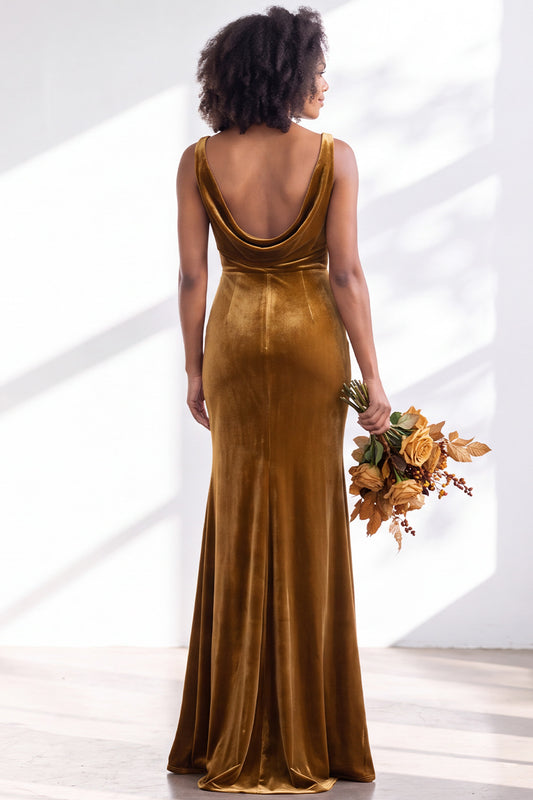 Golden Brown Velvet Mermaid Cowl Neck Long Wedding Guest Dress