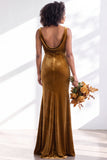 Golden Brown Velvet Mermaid Cowl Neck Long Wedding Guest Dress
