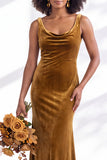 Golden Brown Velvet Mermaid Cowl Neck Long Wedding Guest Dress