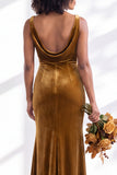 Golden Brown Velvet Mermaid Cowl Neck Long Wedding Guest Dress