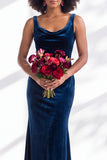 Golden Brown Velvet Mermaid Cowl Neck Long Wedding Guest Dress