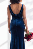 Golden Brown Velvet Mermaid Cowl Neck Long Wedding Guest Dress