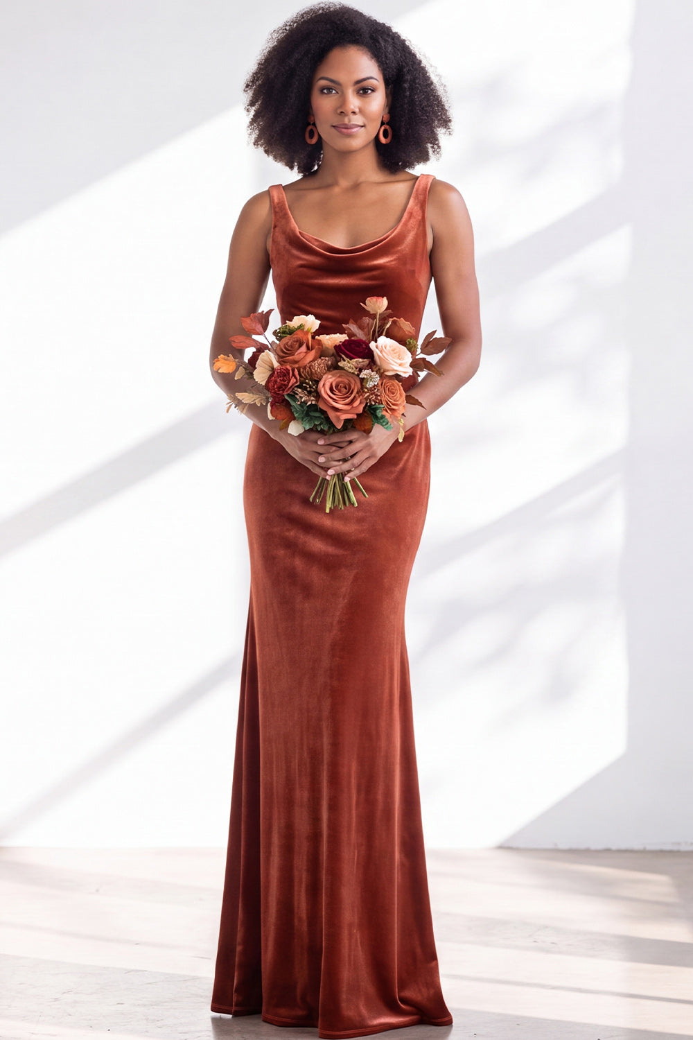 Golden Brown Velvet Mermaid Cowl Neck Long Wedding Guest Dress