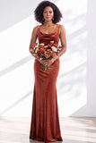 Golden Brown Velvet Mermaid Cowl Neck Long Wedding Guest Dress