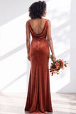 Golden Brown Velvet Mermaid Cowl Neck Long Wedding Guest Dress