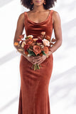 Golden Brown Velvet Mermaid Cowl Neck Long Wedding Guest Dress