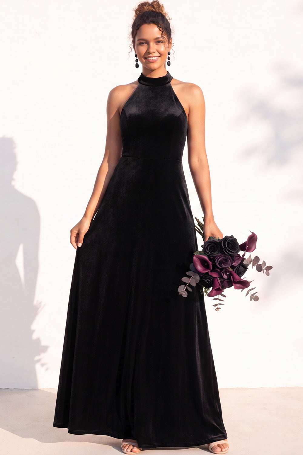 Burgundy A-Line Velvet Halter Long Wedding Guest Dress