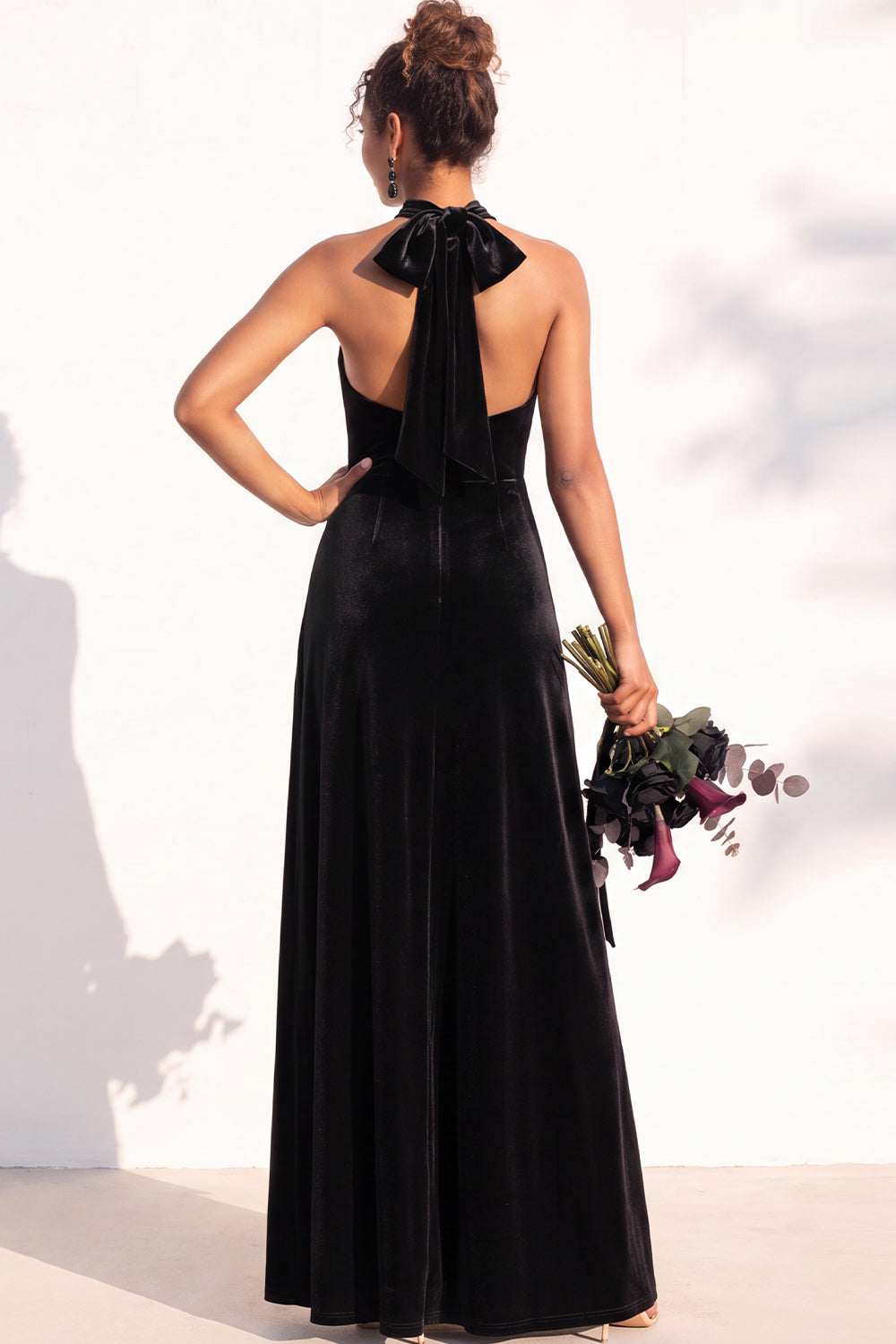 Burgundy A-Line Velvet Halter Long Wedding Guest Dress