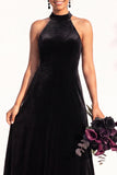 Burgundy A-Line Velvet Halter Long Wedding Guest Dress